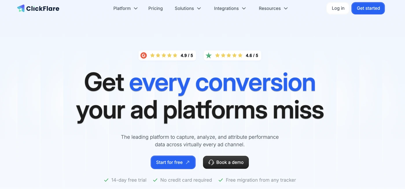 ClickFlare homepage, the best overall AnyTrack alternative for ad tracking