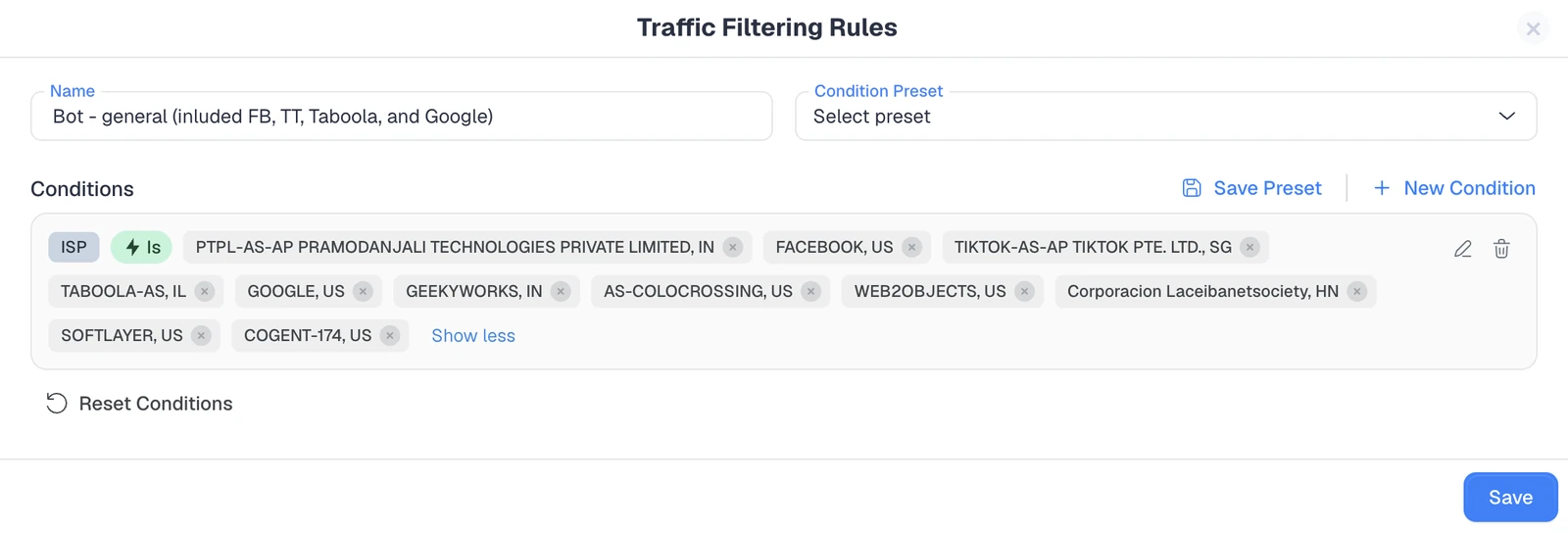 ClickFlare Bot - general rule excluding major ad platform and hosting ISPs by ISP condition