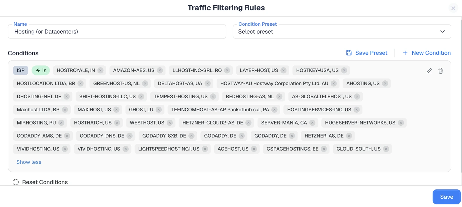 ClickFlare Hosting and Datacenters rule filtering data-center ISP traffic