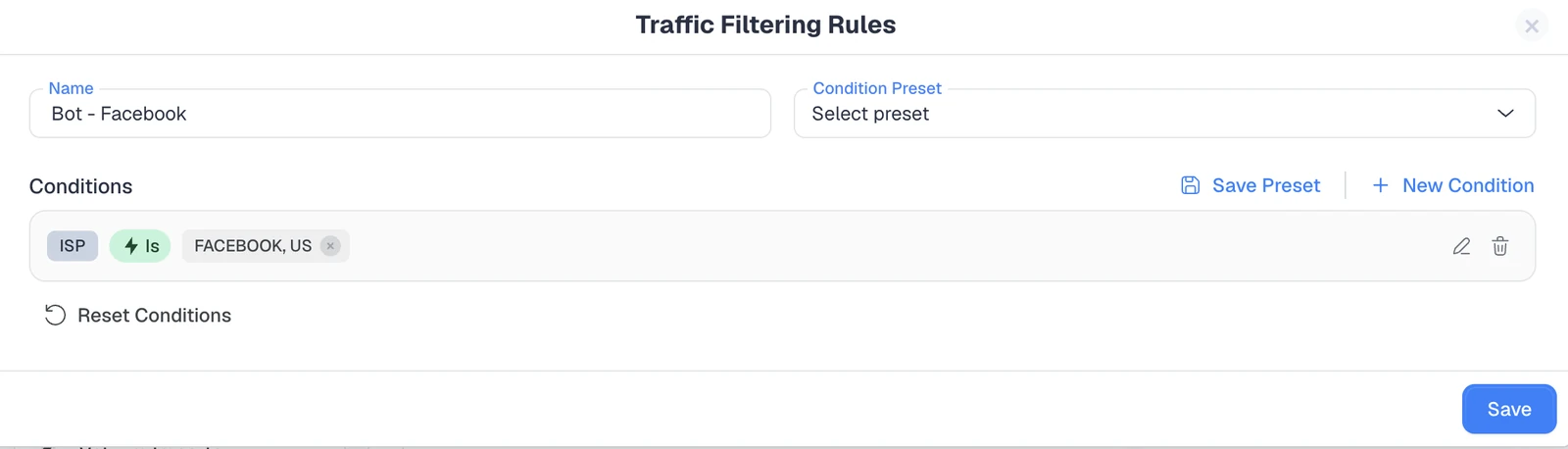 ClickFlare Bot - Facebook rule filtering Facebook crawler traffic by ISP