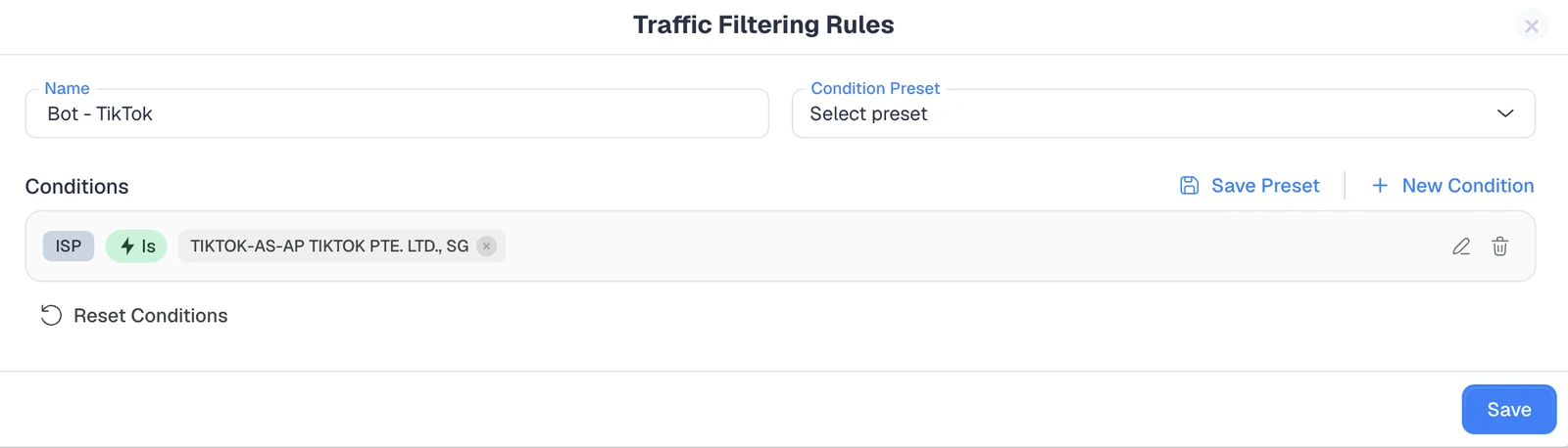 ClickFlare Bot - TikTok rule filtering TikTok crawler traffic by ISP