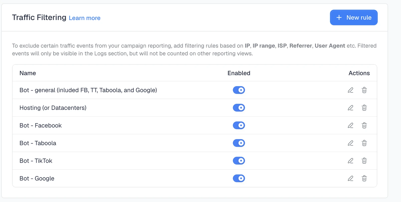 ClickFlare Traffic Filtering settings showing built-in bot filtering rules for affiliate fraud detection