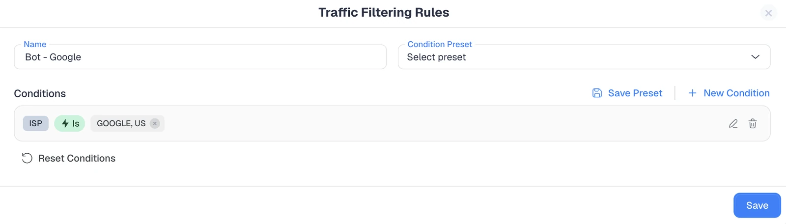 ClickFlare Bot - Google rule filtering Google crawler traffic by ISP
