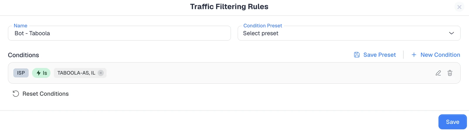 ClickFlare Bot - Taboola rule filtering Taboola crawler traffic by ISP