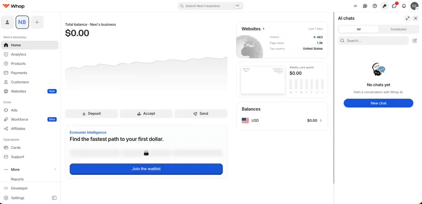 The Whop dashboard with the business switcher and Developer link in the sidebar
