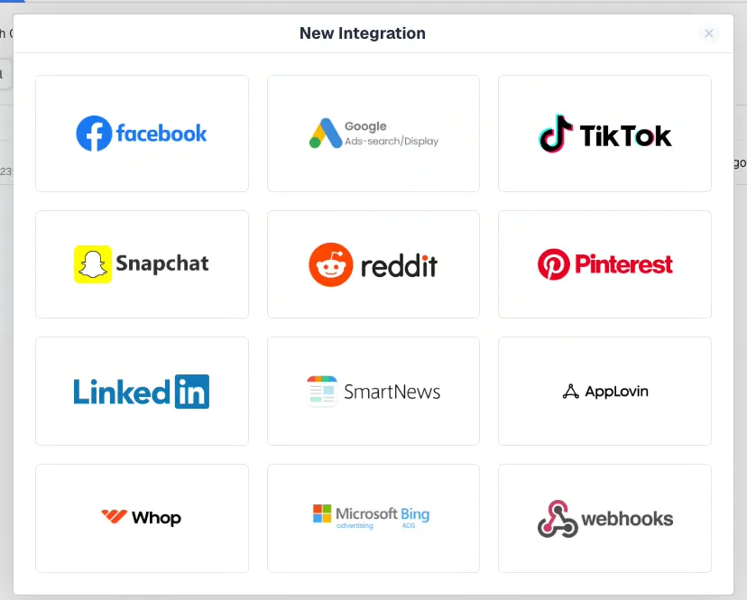 Selecting Whop from the ClickFlare New Integration picker