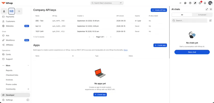 The Company API keys section of the Whop Developer page