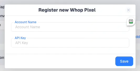 Registering a new Whop Pixel with an Account Name and API Key in ClickFlare