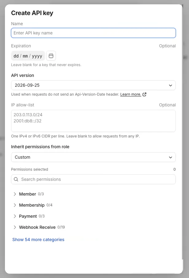 The Create API key form in Whop with Name, Expiration, and IP allow-list fields