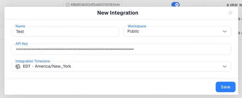 The Whop cost integration form in ClickFlare with Name, Workspace, API Key, and Integration Timezone fields