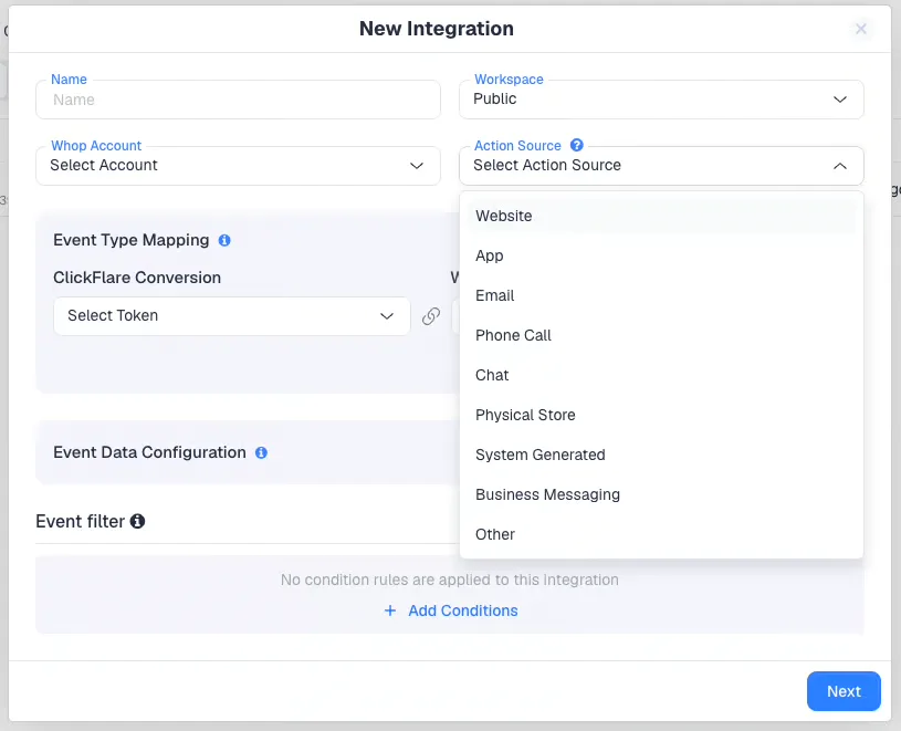 The Action Source dropdown for the Whop Conversion API integration in ClickFlare