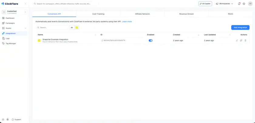 The Conversion API tab in ClickFlare Integrations with the Add integration button