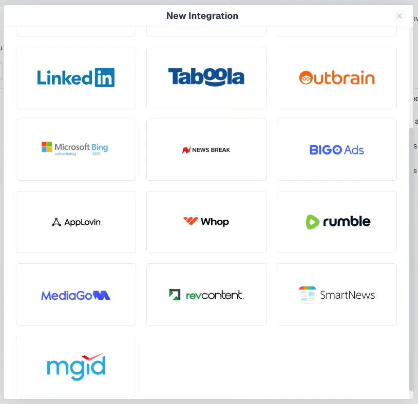Selecting Whop from the ClickFlare cost integration picker