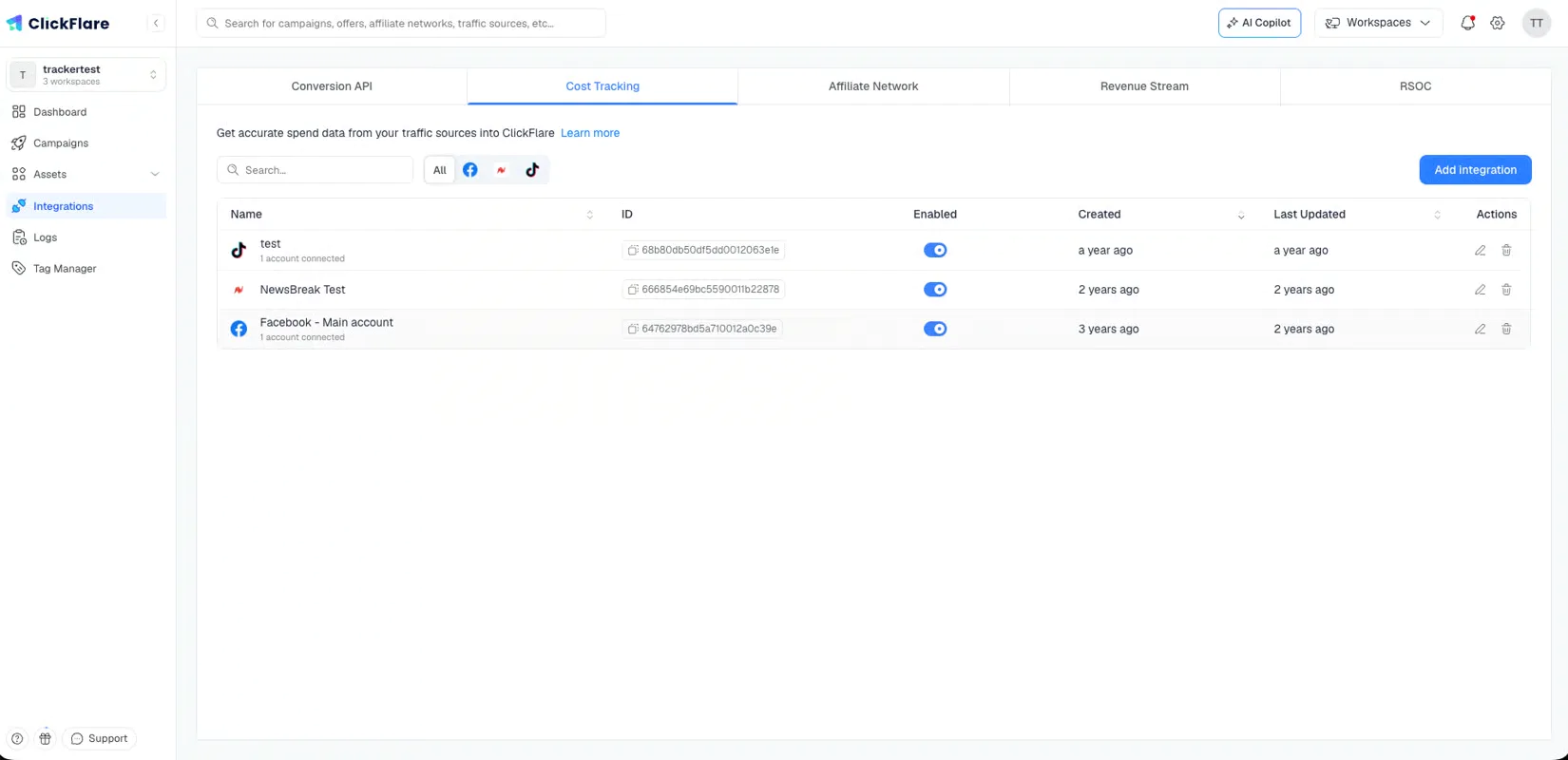 The Cost Tracking tab in ClickFlare Integrations with the Add integration button