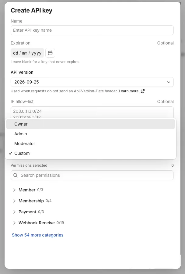 Choosing Custom permissions for a Whop API key