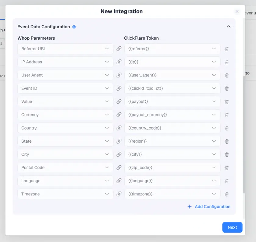 The default Event Data Configuration for the Whop Conversion API in ClickFlare