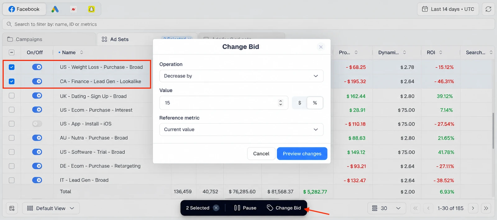 Change Bid dialog decreasing bids by 15 percent across Facebook ad sets in ClickFlare Ads Manager