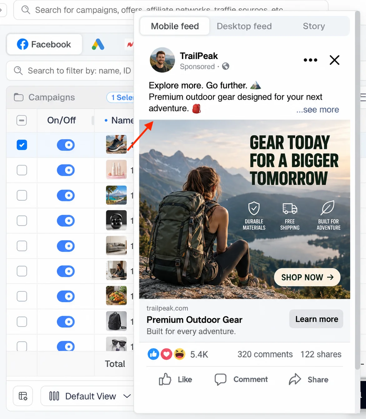 Facebook ad preview in mobile feed, desktop feed and Story inside ClickFlare Ads Manager
