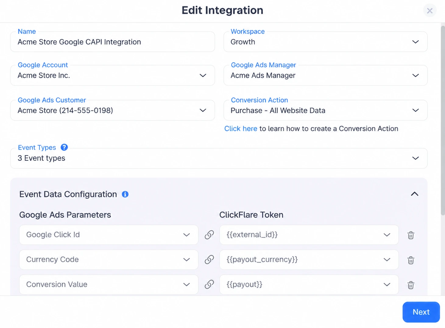ClickFlare Google Ads Conversion API integration mapping Google Click ID and conversion value to ClickFlare tokens for Enhanced Conversions