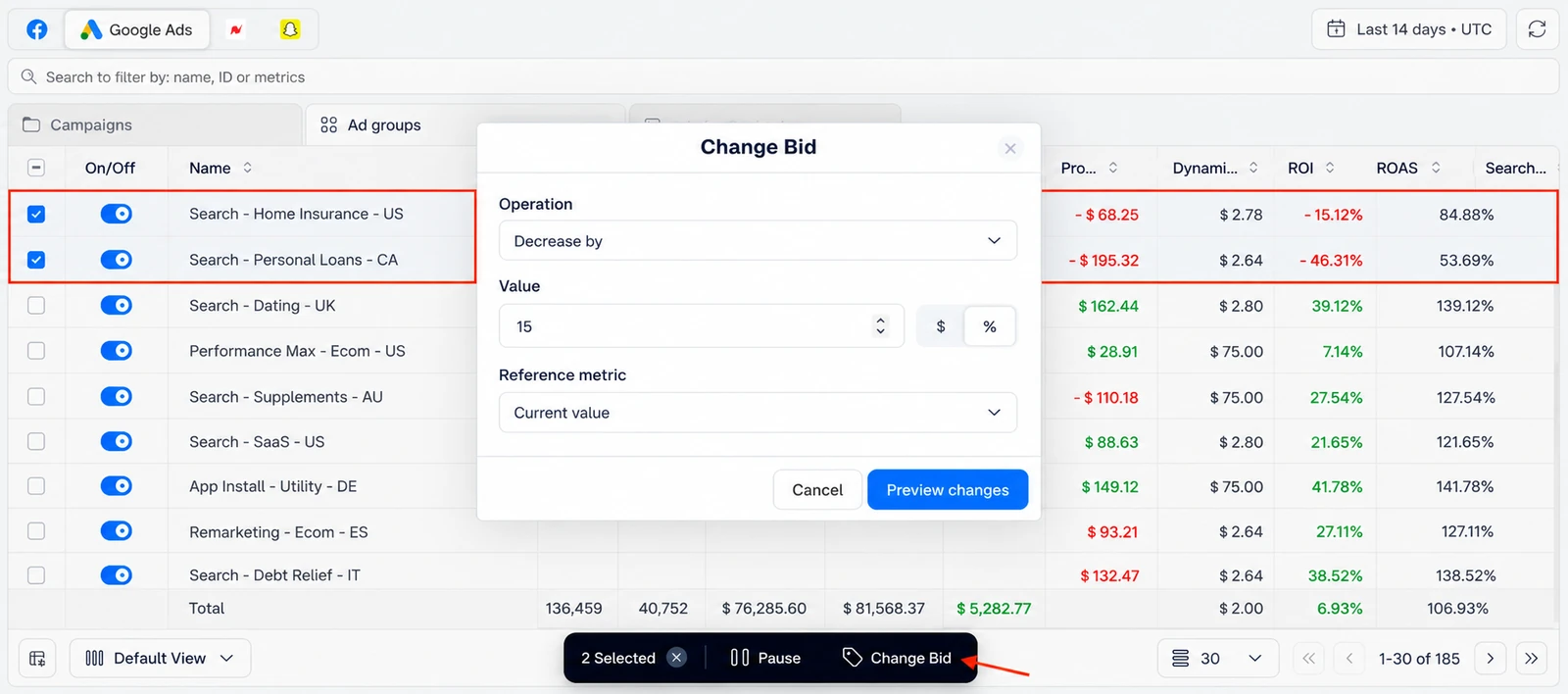Change Bid dialog decreasing bids by 15 percent across Google Ads campaigns in ClickFlare Ads Manager