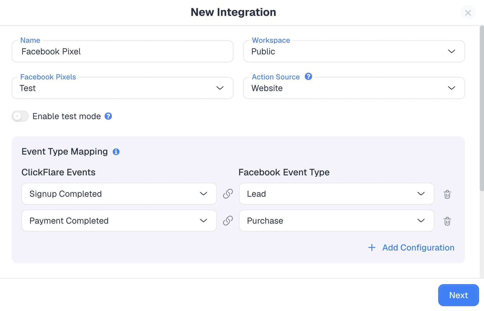 ClickFlare CAPI event type mapping linking server-side tracking events to Facebook Lead and Purchase events