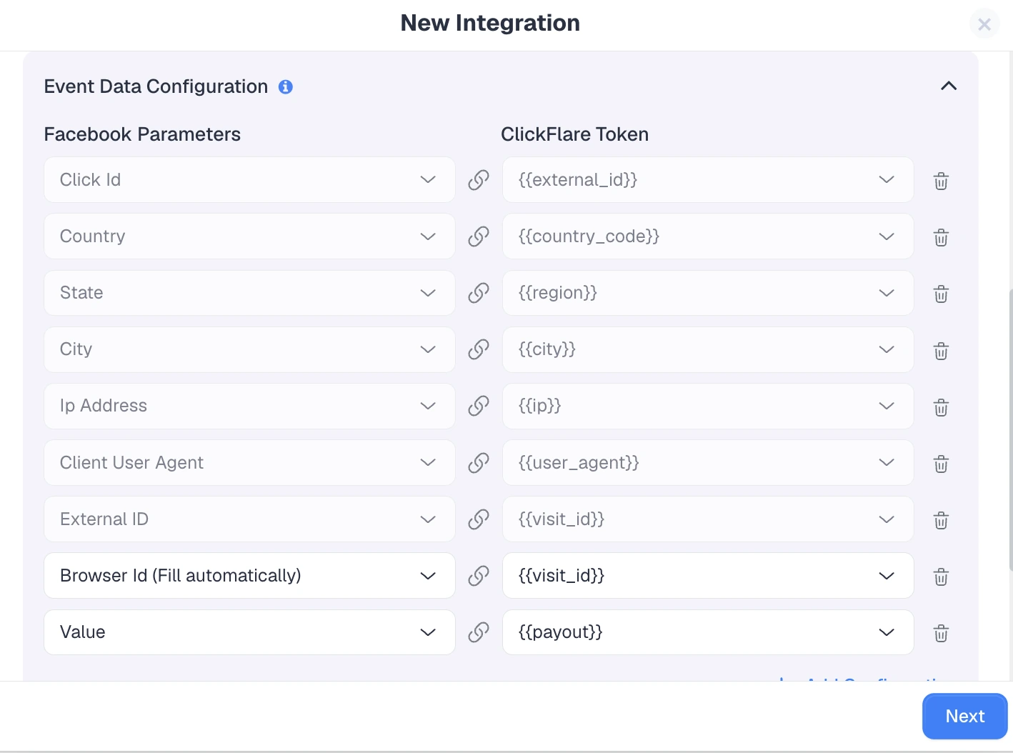 ClickFlare CAPI event data configuration mapping server-side tracking tokens like click ID and payout to Facebook parameters