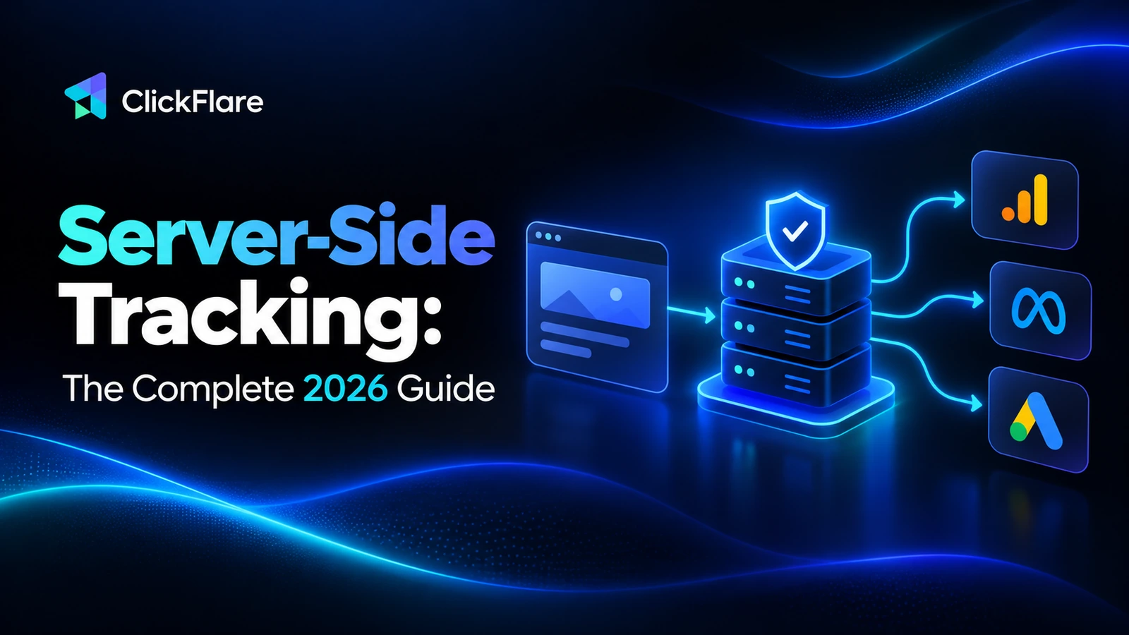 Server-side tracking guide cover with conversion data flowing from a server to Google Analytics, Meta, and Google Ads