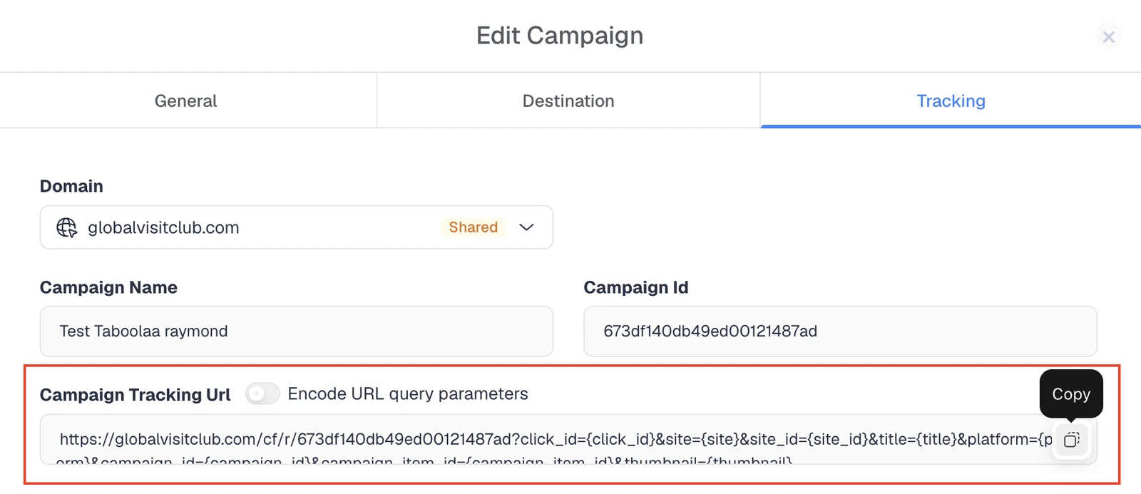 ClickFlare campaign tracking URL for a native ad destination