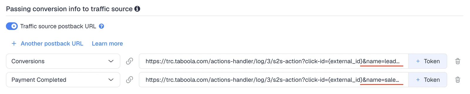 ClickFlare S2S postback URLs sending conversions back to Taboola