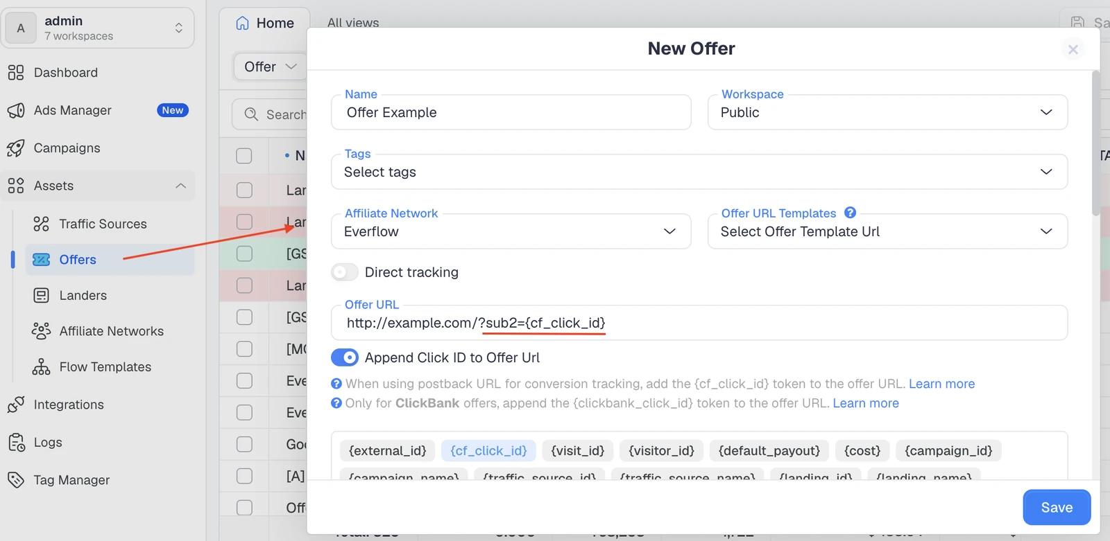 Adding a new offer in ClickFlare with the click ID appended