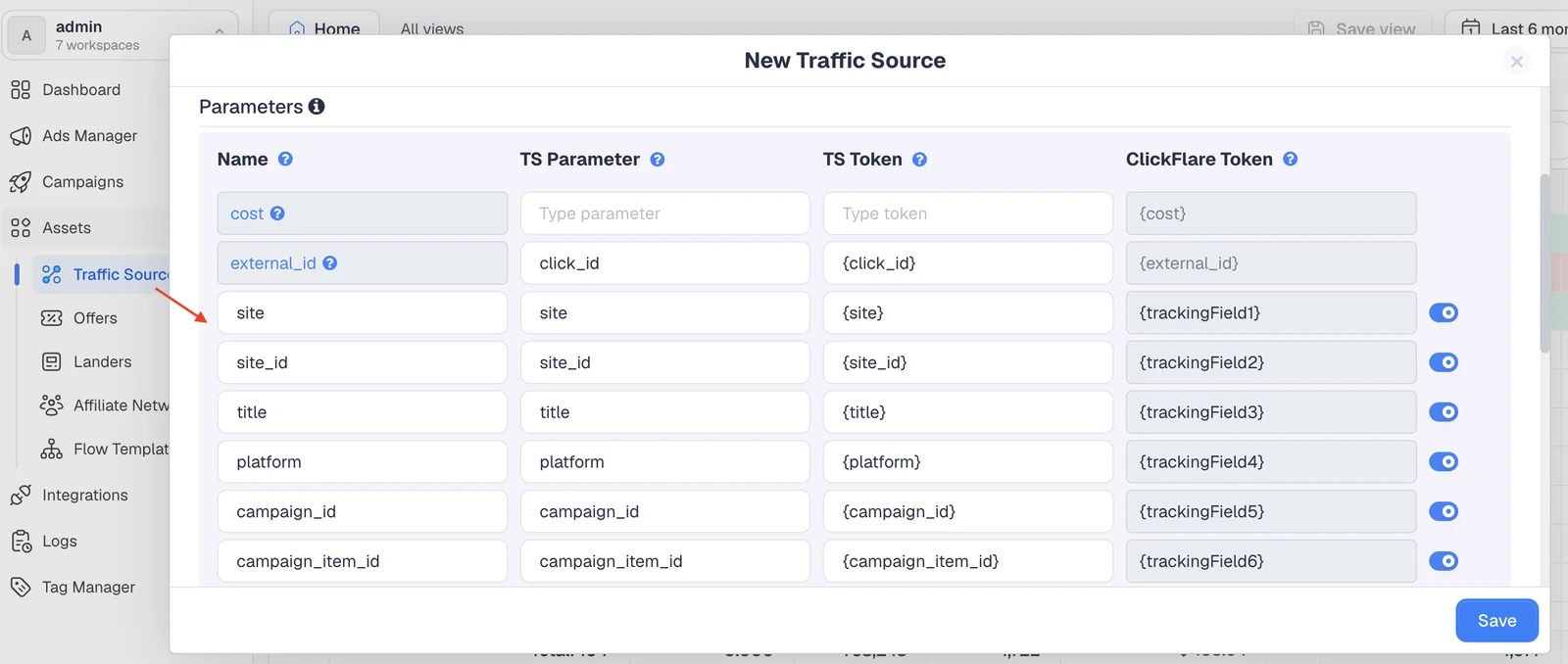 ClickFlare Taboola traffic source template with tracking parameters