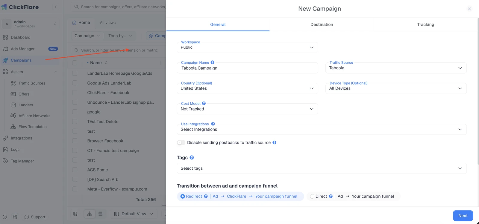 Creating a new Taboola campaign in ClickFlare