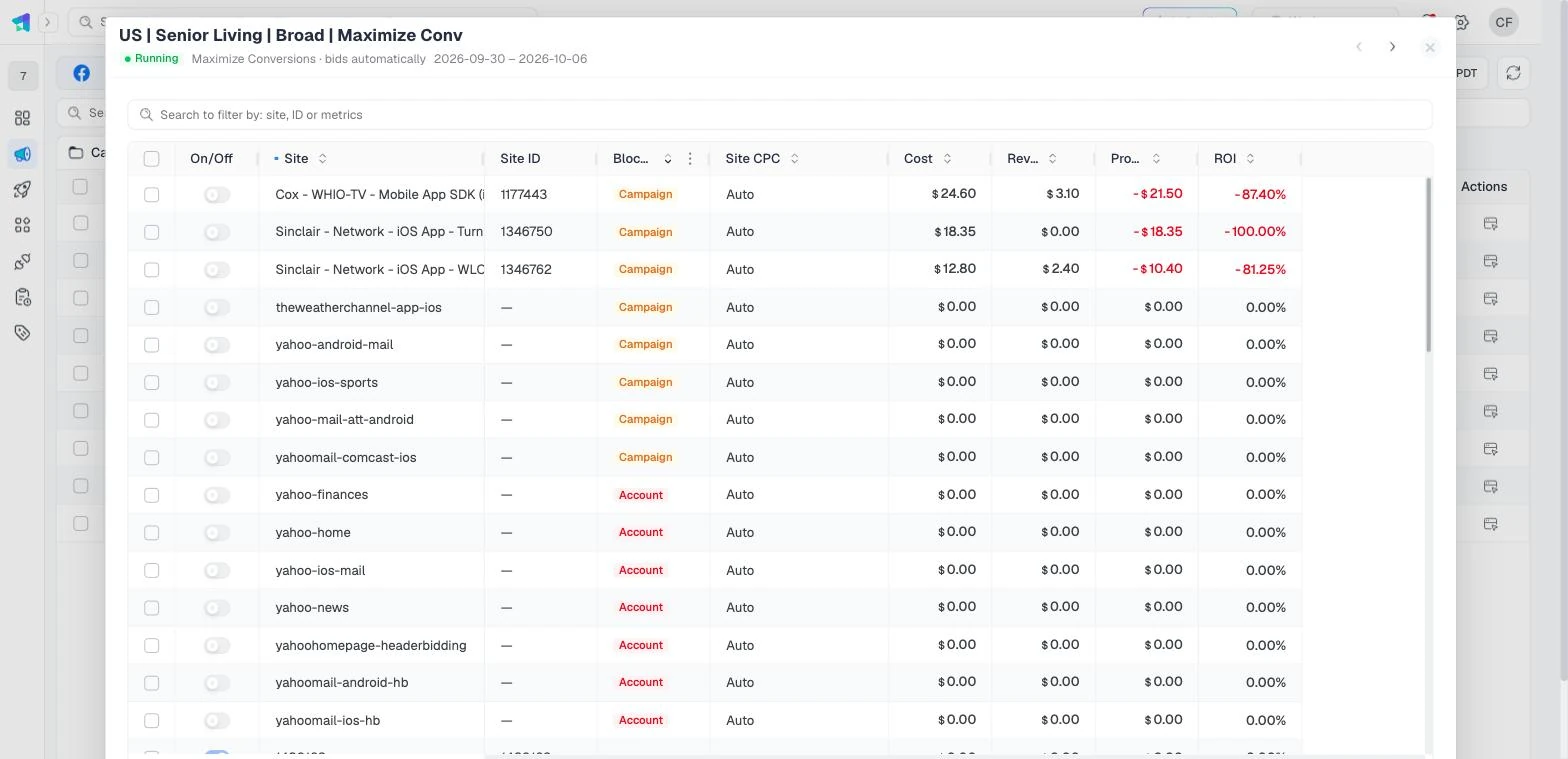 Taboola publisher site report in ClickFlare Ads Manager for site-level optimization