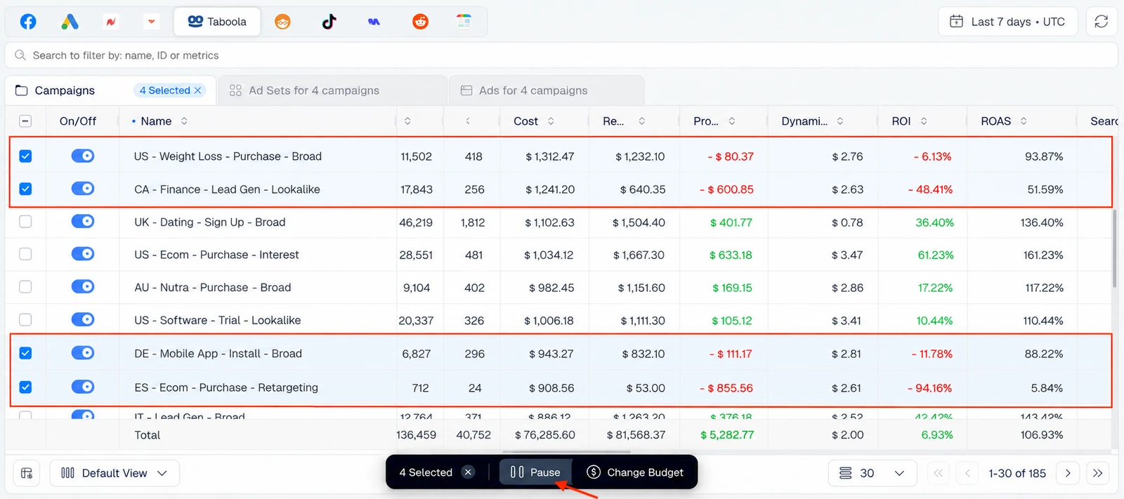 Pausing losing Taboola campaigns in bulk with ClickFlare Ads Manager