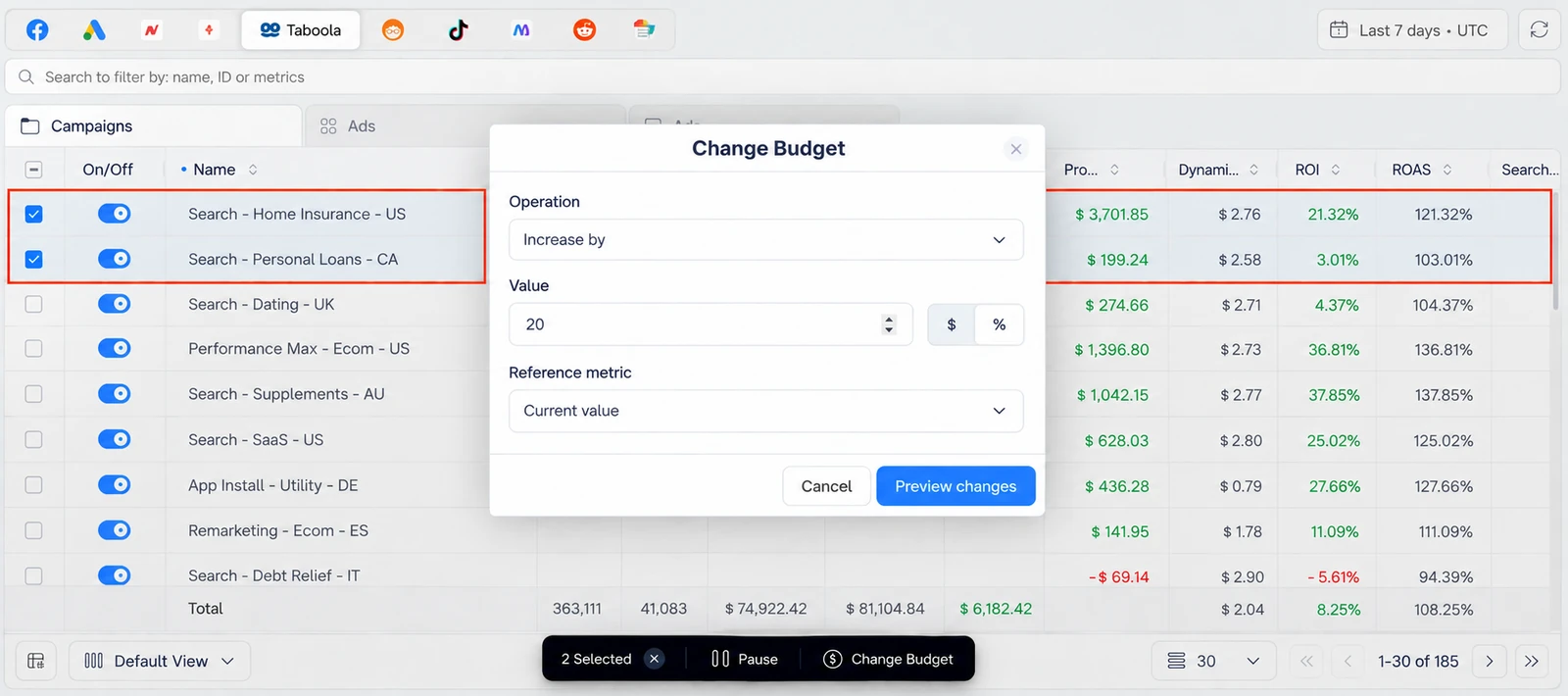 Changing Taboola campaign budgets in bulk with ClickFlare Ads Manager