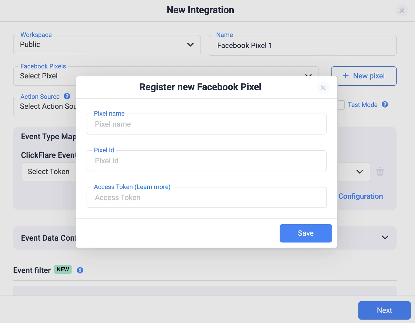 Registering a Meta Pixel ID and access token in ClickFlare's Facebook Conversions API integration