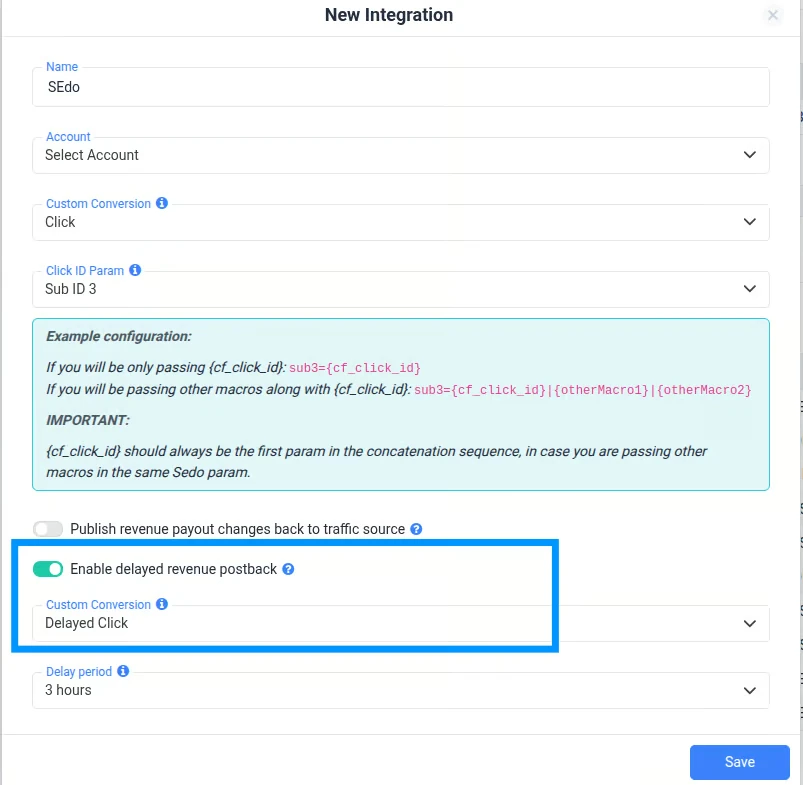 Enabling the delayed revenue postback in a ClickFlare RSOC integration