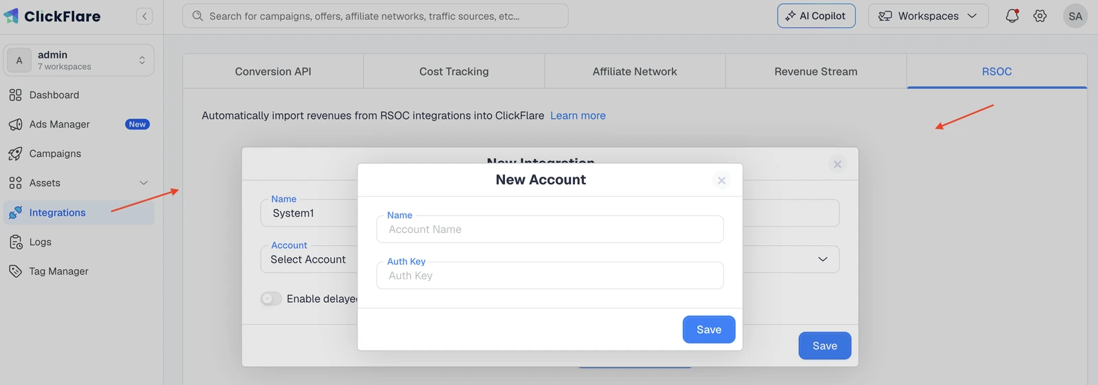 Connecting a System1 RSOC feed account in ClickFlare RSOC integrations