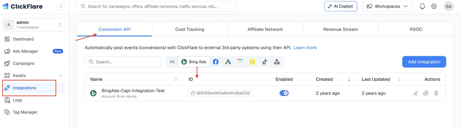 Bing Ads conversion tracking setup in the ClickFlare Conversion API integrations tab