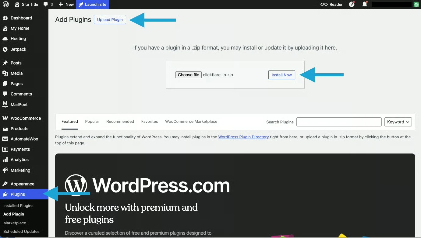 Uploading and installing the ClickFlare plugin in WooCommerce