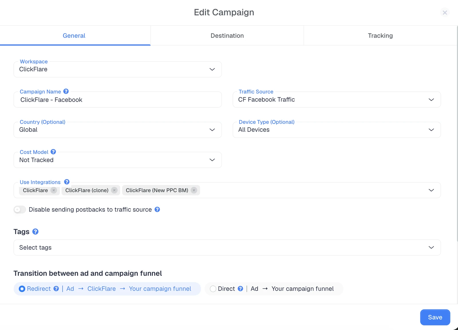 ClickFlare campaign settings showing the redirect and direct tracking options
