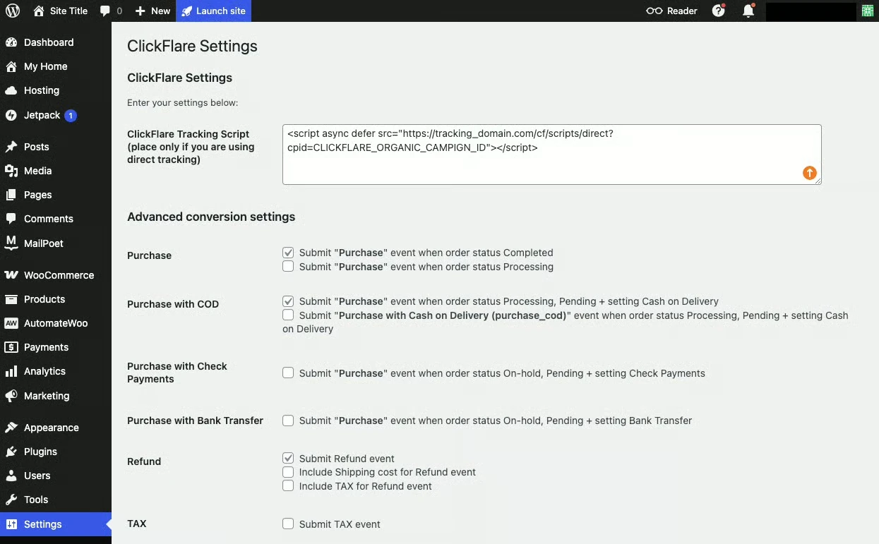 ClickFlare WooCommerce plugin settings for purchase, refund and tax events