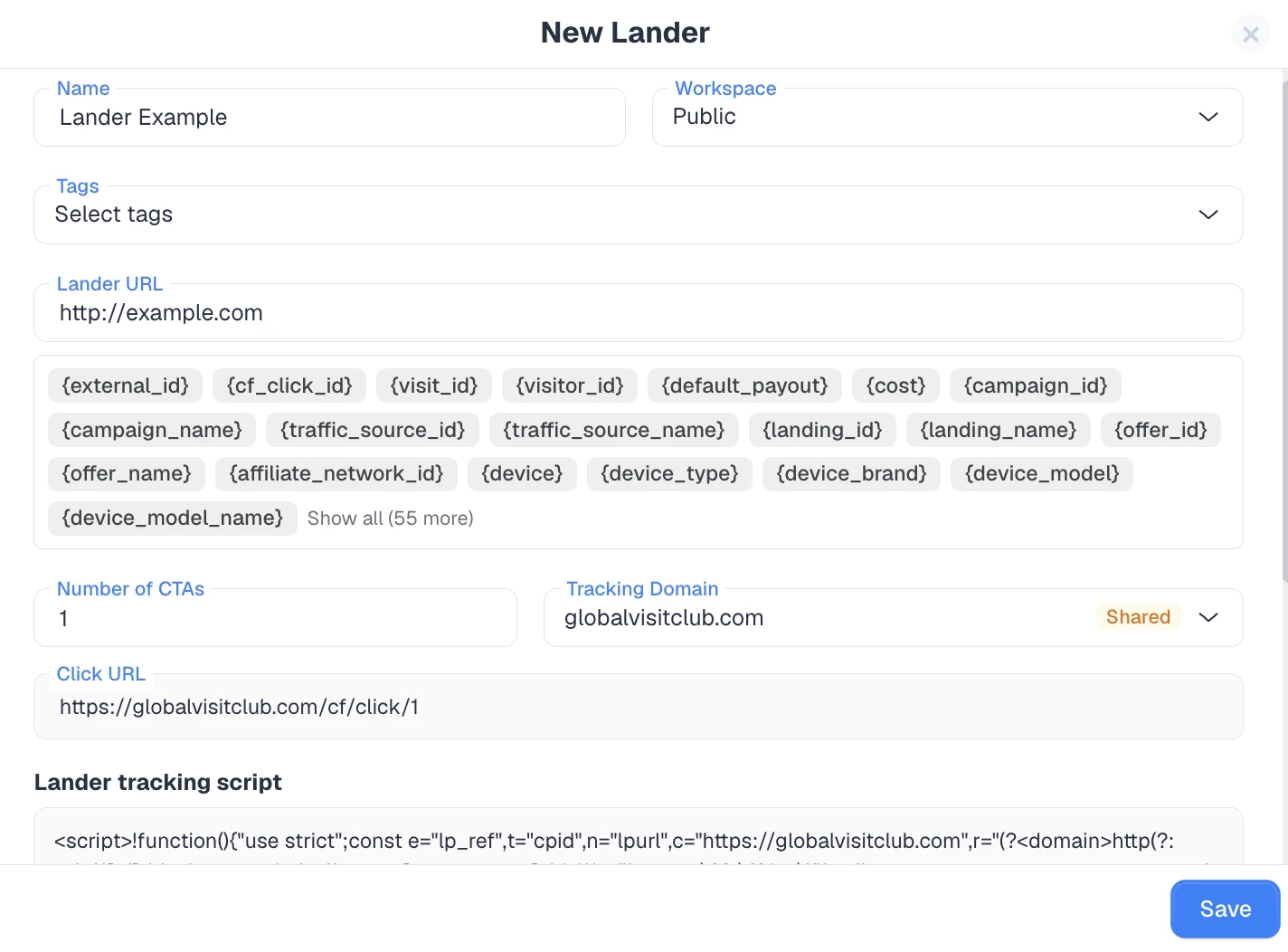 Adding a lander in ClickFlare and copying its click URL