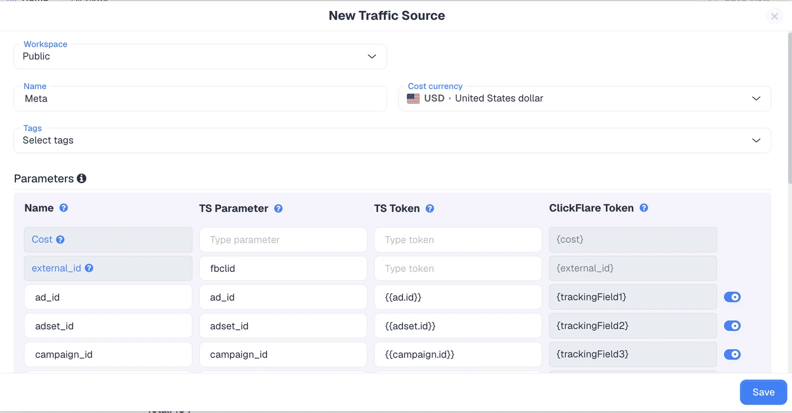 Creating a Meta traffic source in ClickFlare for WooCommerce conversion tracking