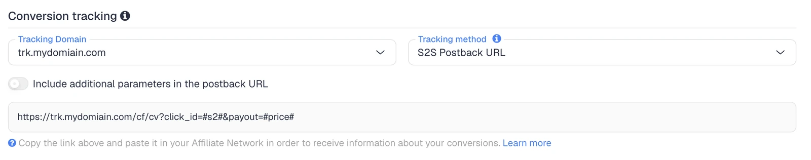 ClickFlare conversion tracking settings showing the auto-generated S2S postback URL for affiliate conversion tracking