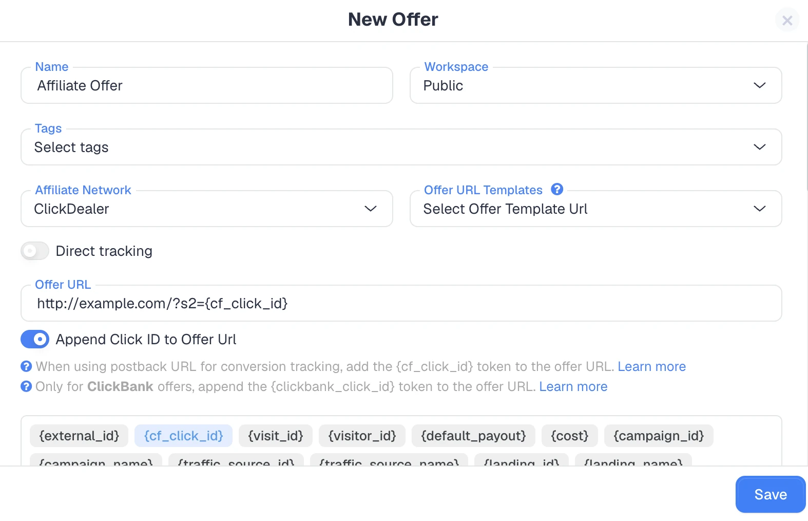 Creating an affiliate offer in ClickFlare with the click ID token appended to the offer URL