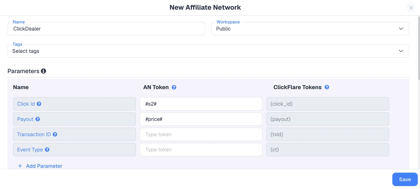 Adding an affiliate network in ClickFlare with click ID, payout, and transaction ID placeholders