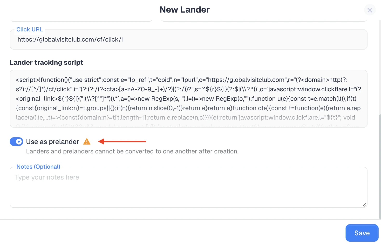 Creating a listicle landing page pre-lander in ClickFlare with the Use as prelander toggle enabled