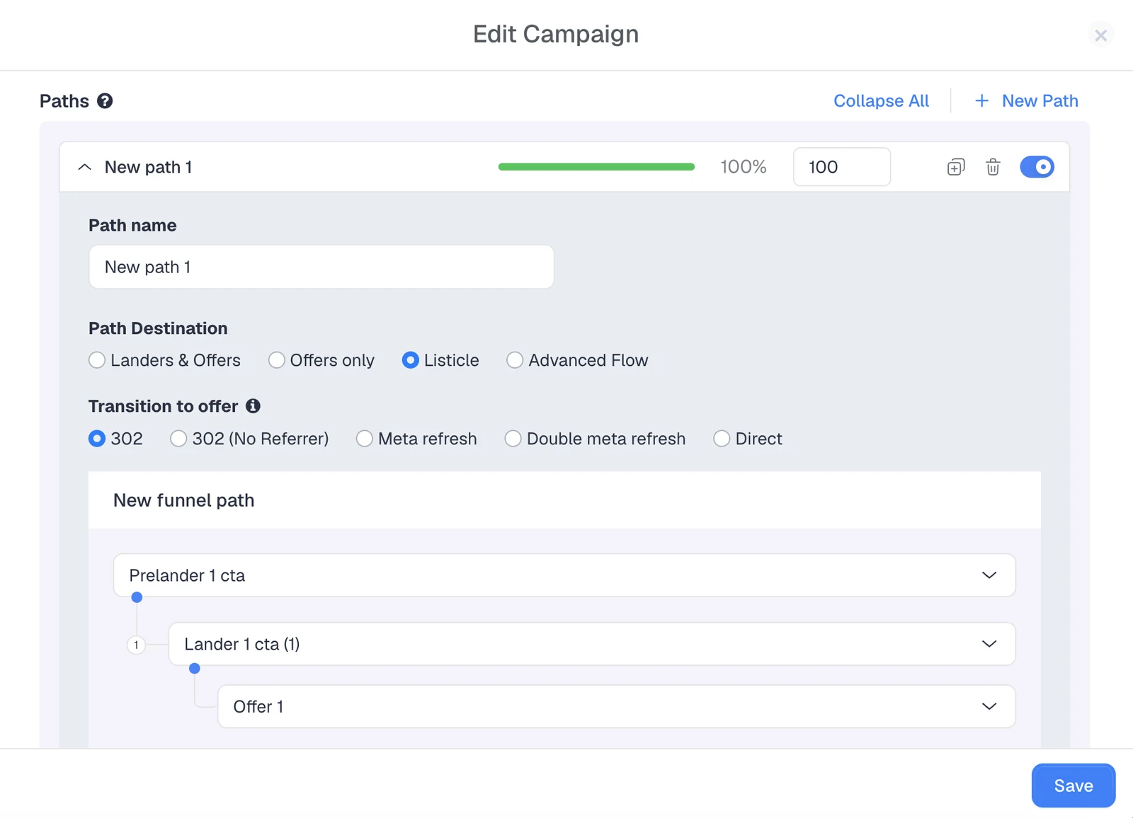 Selecting the Listicle path destination and 302 transition to offer in a ClickFlare campaign