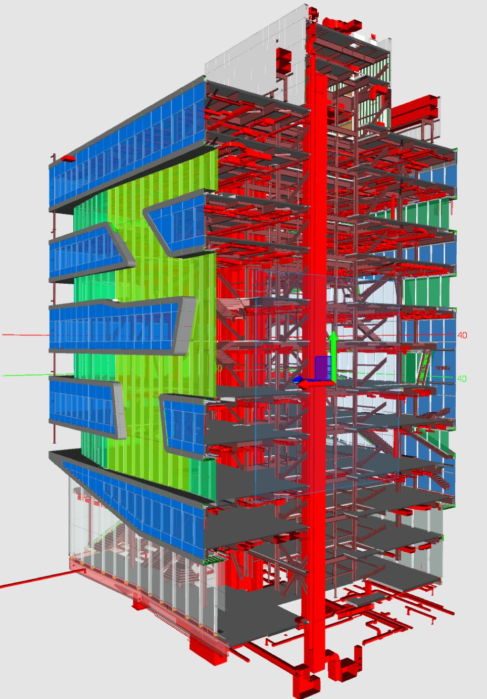 BIM coordination model of Kravis Hall showing curtain wall, steel structure and MEP systems